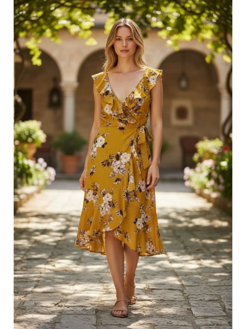 Floral Mustard Yellow Ruffle Wrap Dress XS By Socialite